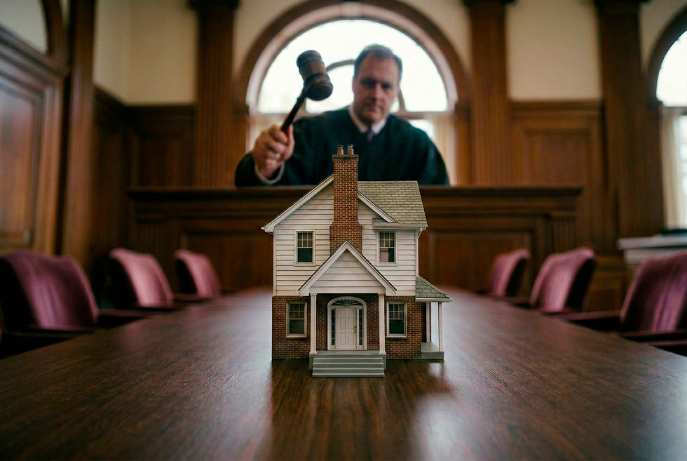 A dramatic low-angle shot of a house with a judge striking a gavel in the background, symbolizing legal rulings in international estate planning.