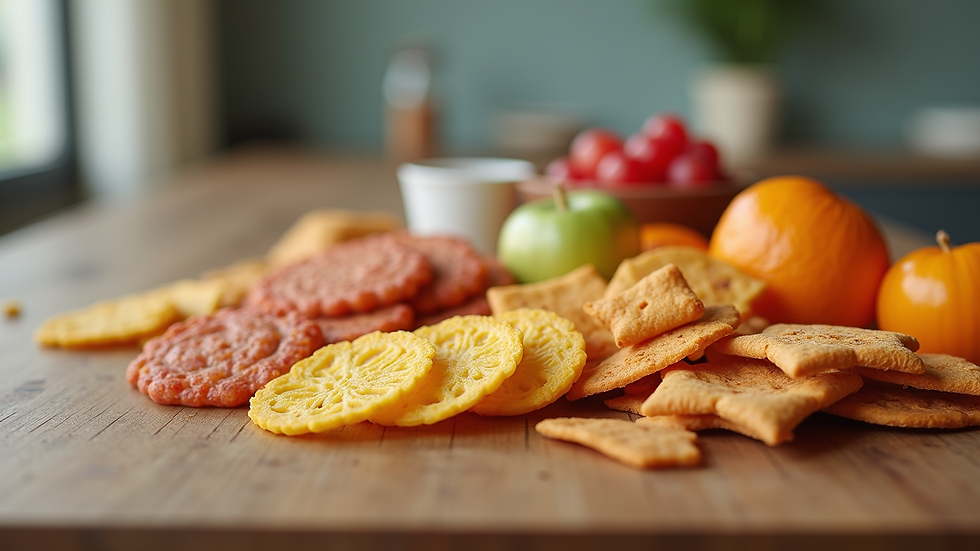 Eye-level view of a colorful assortment of allergy-friendly snacks on a wooden table
