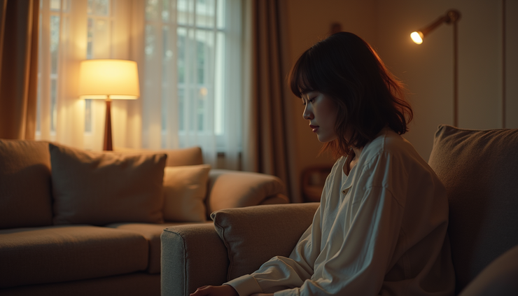 Eye-level view of a person sitting calmly in a cozy living room, reflecting quietly