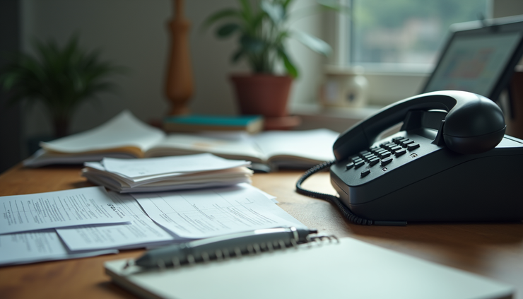 Eye-level view of a cluttered desk with a ringing phone and scattered papers