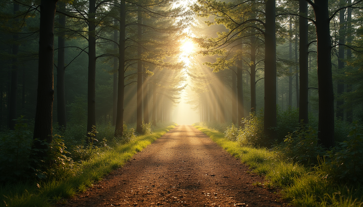Eye-level view of a calm forest path with soft sunlight filtering through trees