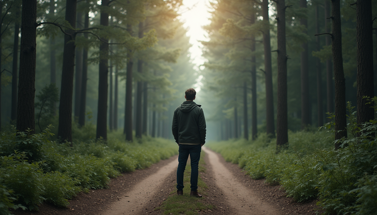 Eye-level view of a person standing at a crossroads with two diverging paths