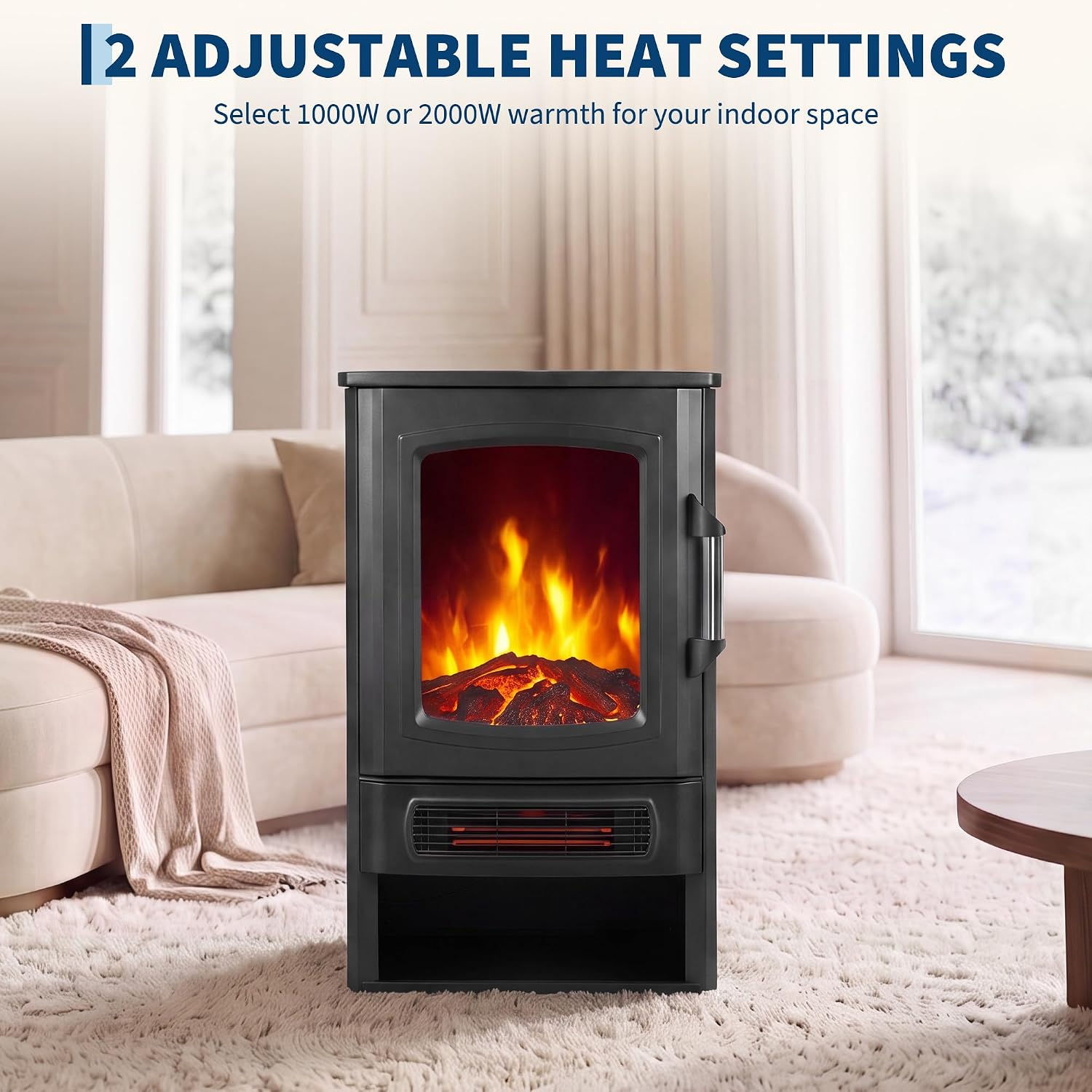 Freestanding Electric Fireplace Heater — LED Flame, 1000/2000W, Real Coal