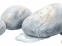 Minimalistische Aquarell-Illustration von feuchten, glänzenden Alpensteinen mit feinen Wassertropfen auf weißem Hintergrund, die das Phänomen schwitzender Steine zeigt.