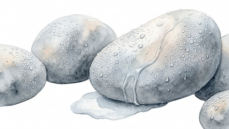 Minimalistische Aquarell-Illustration von feuchten, glänzenden Alpensteinen mit feinen Wassertropfen auf weißem Hintergrund, die das Phänomen schwitzender Steine zeigt.