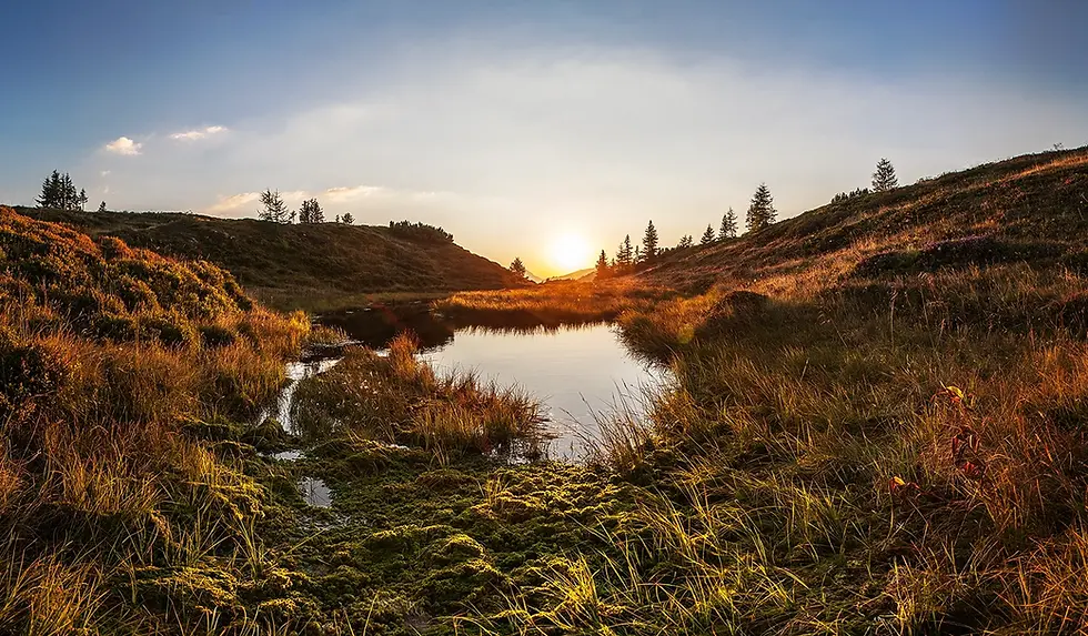 Moorsee der Trögseen im warmen Gegenlicht des Sonnenuntergangs im herbstlichen Ellmautal