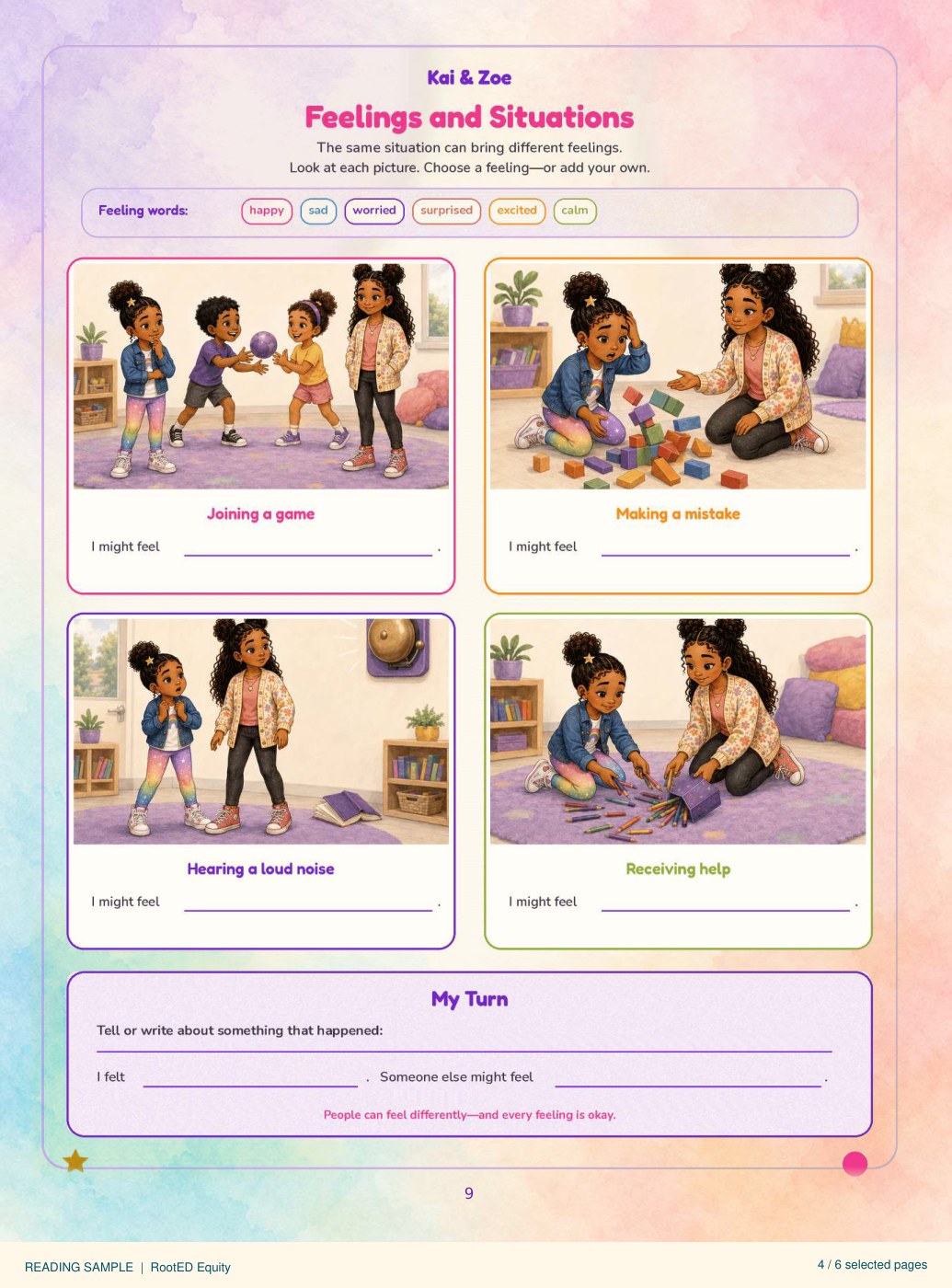 Actual full-color workbook page: Feelings and Situations, with four illustrated everyday moments
