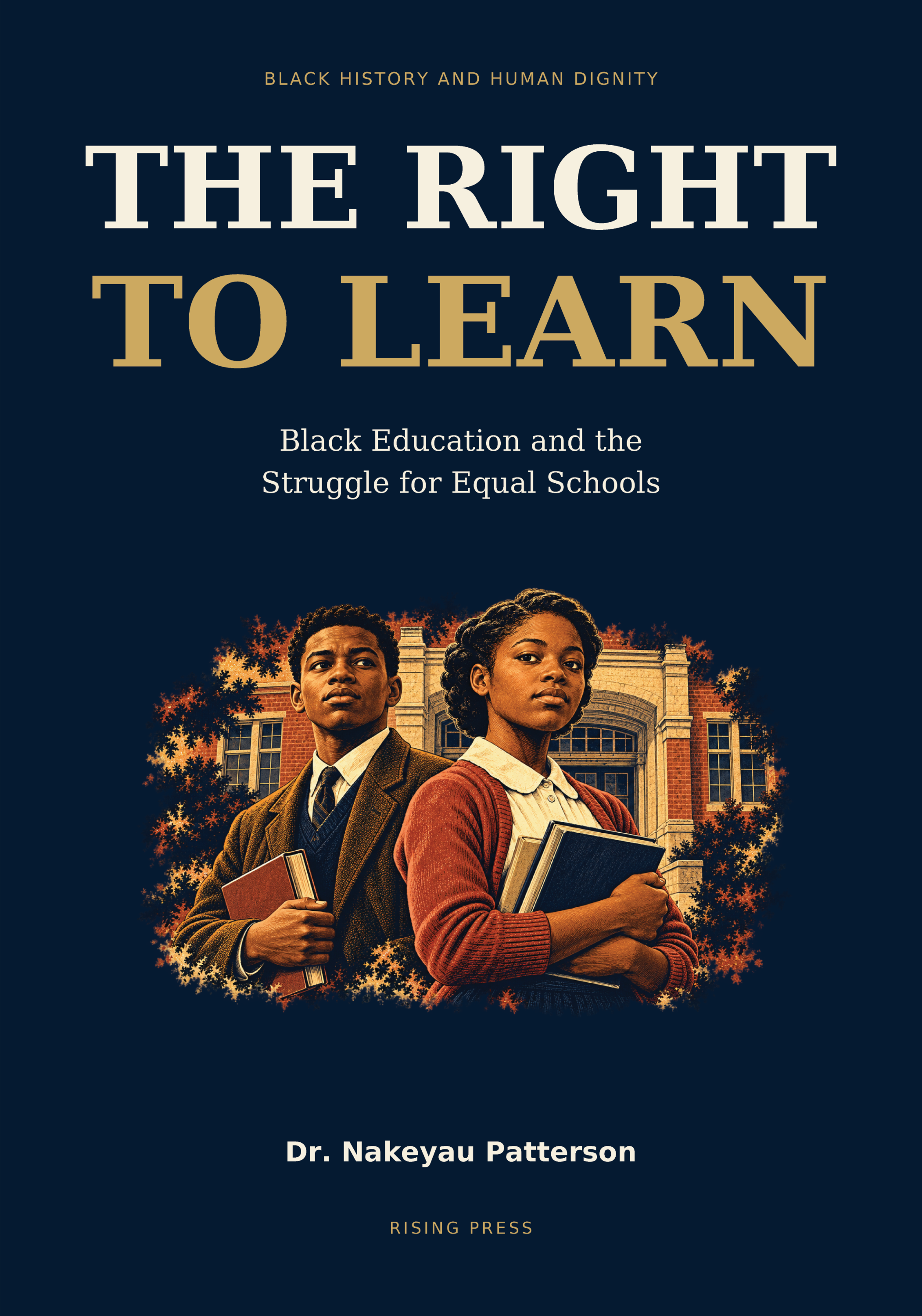 Front cover of The Right to Learn: Black Education and the Struggle for Equal Schools by Dr. Nakeyau Patterson, showing two Black students holding books in front of a brick school