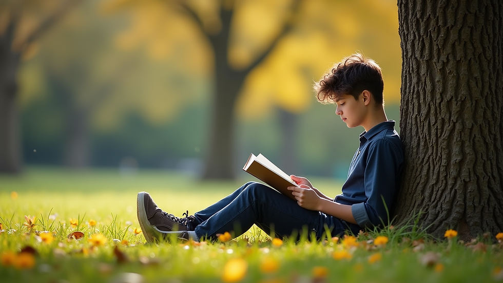 Eye-level view of a student reading a book under a tree