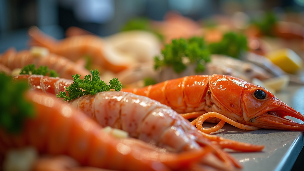 Eye-level view of an array of fresh seafood dishes