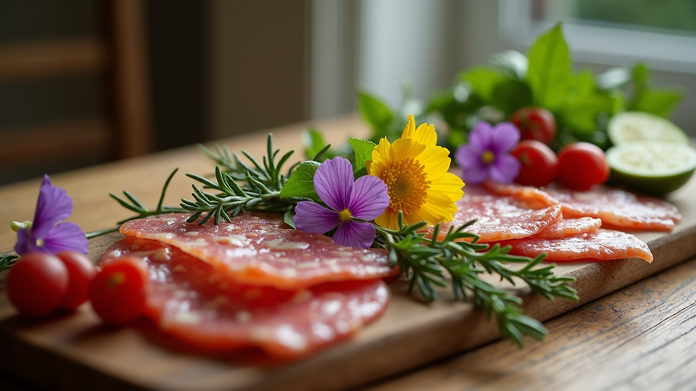 Eye-level view of a charcuterie board decorated with fresh herbs and edible flowers