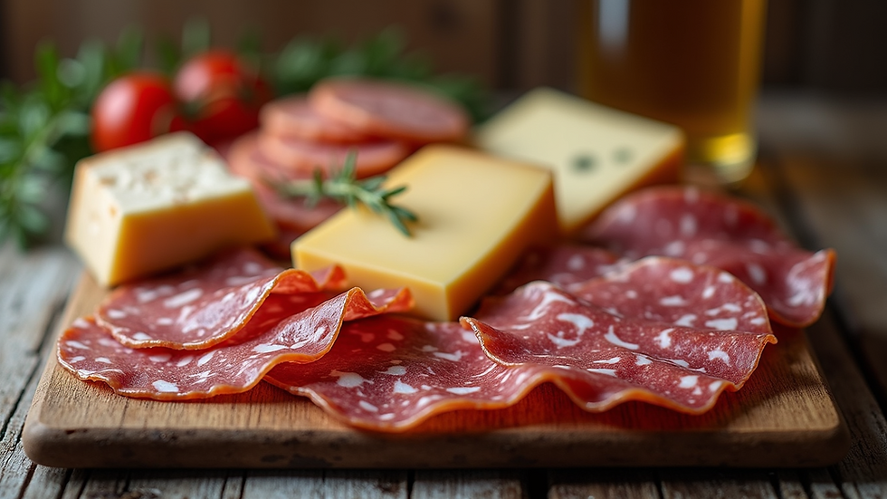 High angle view of a wooden board with assorted cured meats and cheeses