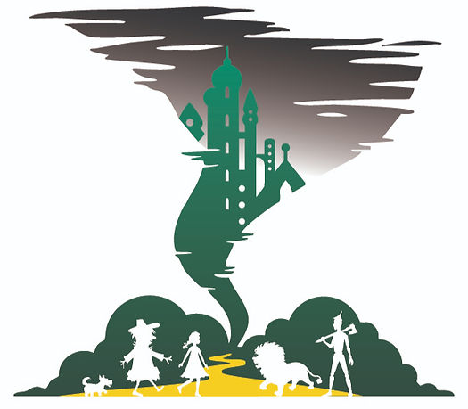 Silhouette of a twister, emerald city, and wizard of oz characters on a yellow brick road.