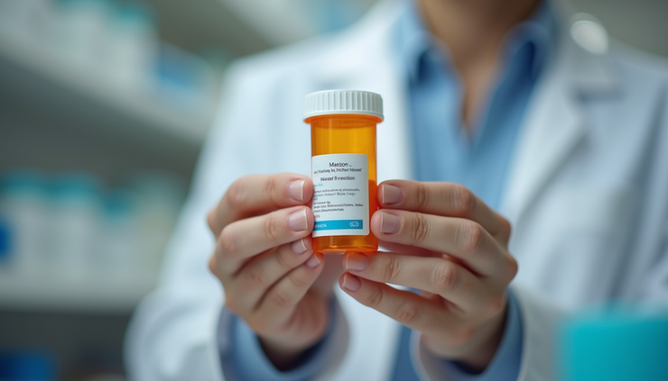 Close-up view of a pharmacist’s hands holding a prescription bottle with a label emphasizing life protection
