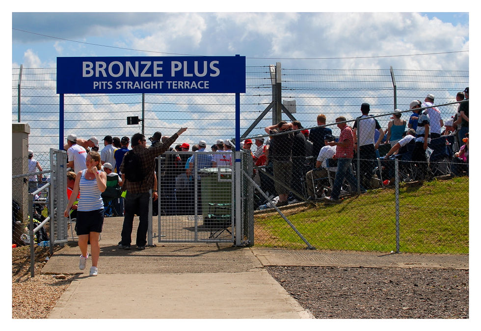 Crowd at "BRONZE PLUS PITS STRAIGHT TERRACE" sign, behind a fence, outdoors on a sunny day. People are standing and sitting on grass.