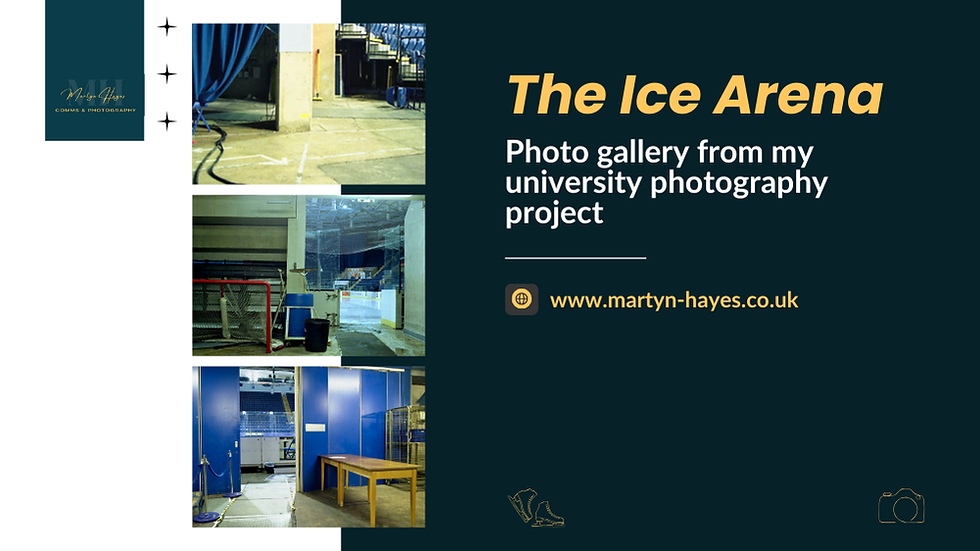 Collage of backstage ice arena scenes with equipment, blue dividers, and a wooden table. Text: The Ice Arena, martyn-hayes.co.uk.
