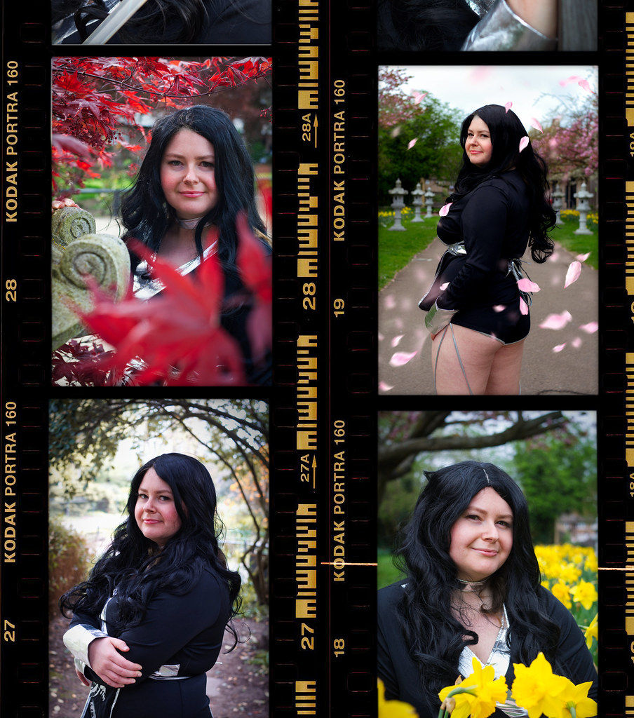 Woman with long black hair poses in a garden setting. Cherry blossoms, red foliage, and yellow flowers in background. Filmstrip border.