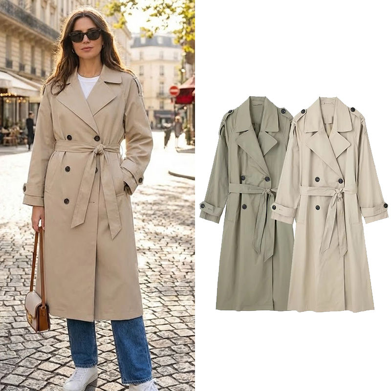 Willshela Women Fashion With Belt Solid Double Breasted Trench Vintage Lapel Nec