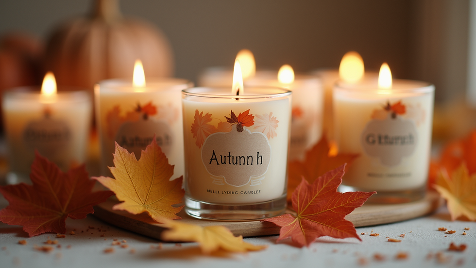 Eye-level view of a collection of soy candles with autumn-themed labels