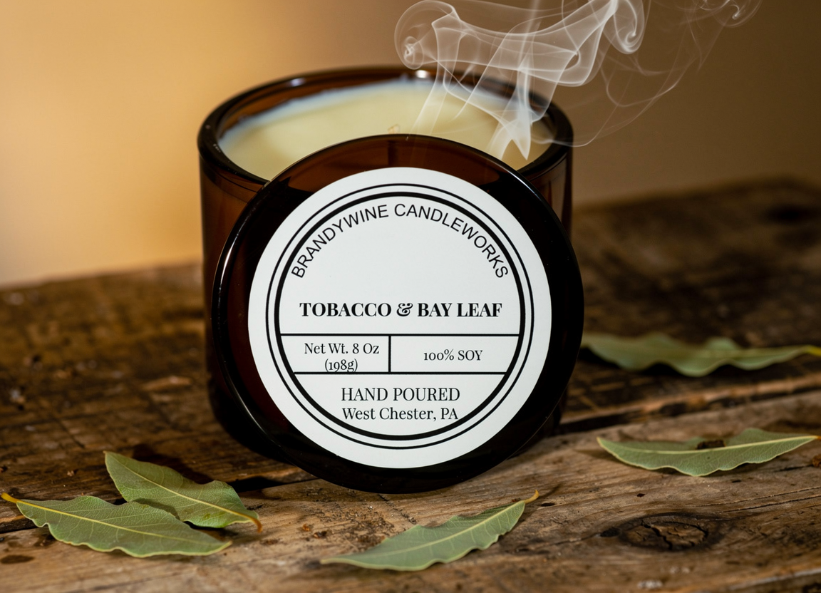 Lit Tobacco & Bay Leaf soy candle with bay leaves