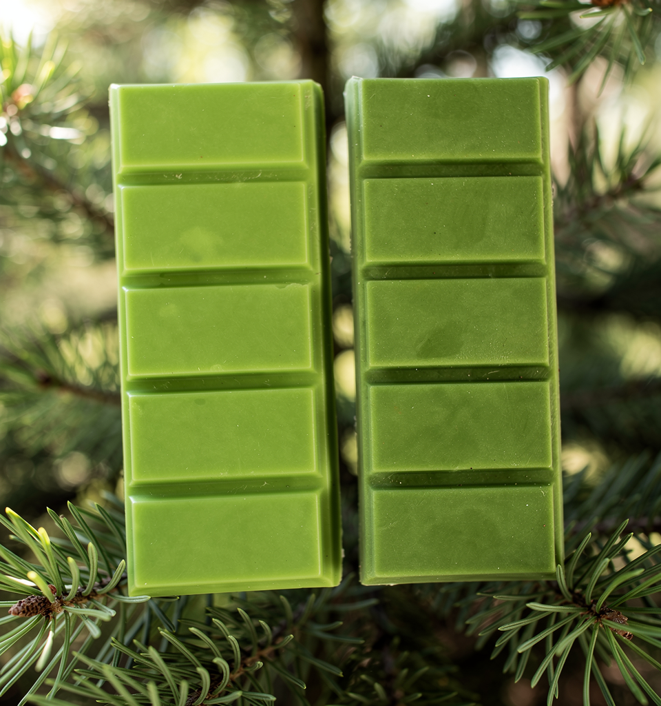 Two green Balsam Fir Wax Melts on fir needles