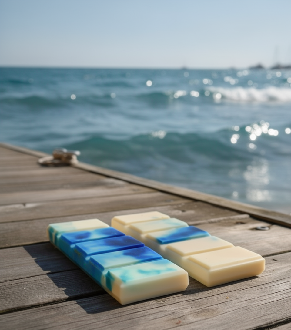Coastal wax melts on a wooden pier by the ocean