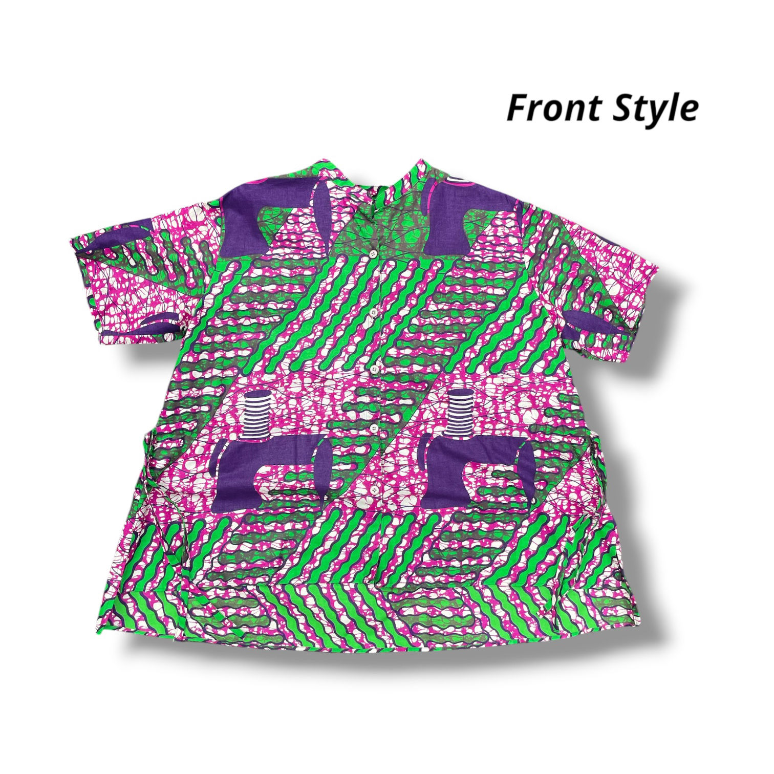 LADIES ウェスト絞りスタンドカラー半袖シャツ Free size -01