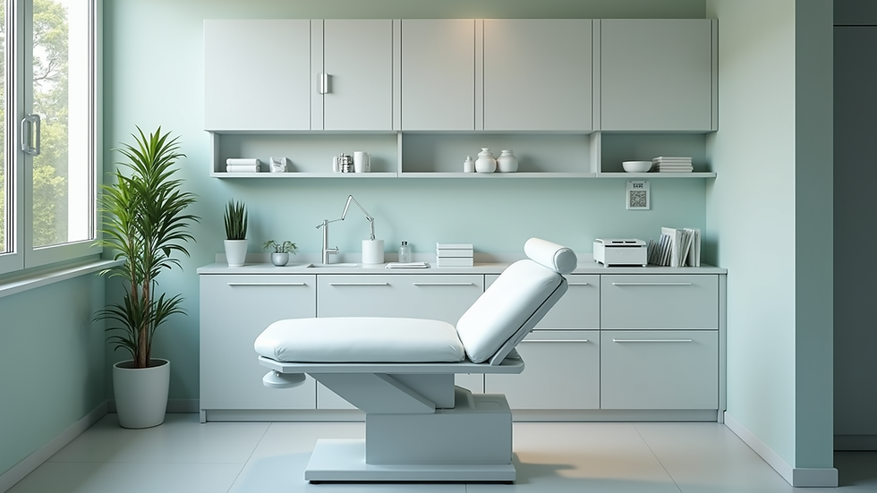 Vue rapprochée d’un cabinet d’ostéopathie avec table de soin et matériel