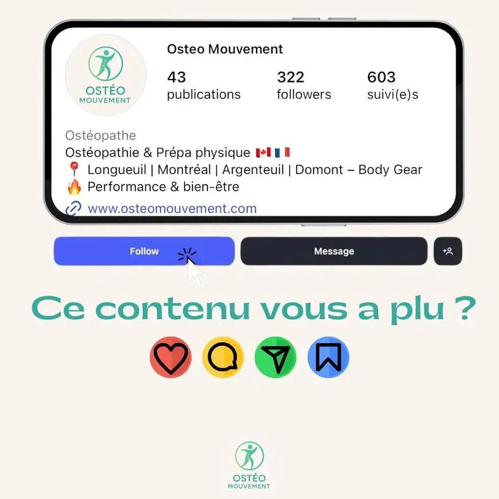 Profil d'Ostéo Mouvement sur un écran, avec options suivre et message. Texte Ce contenu vous a plu ? et icônes colorées en dessous.