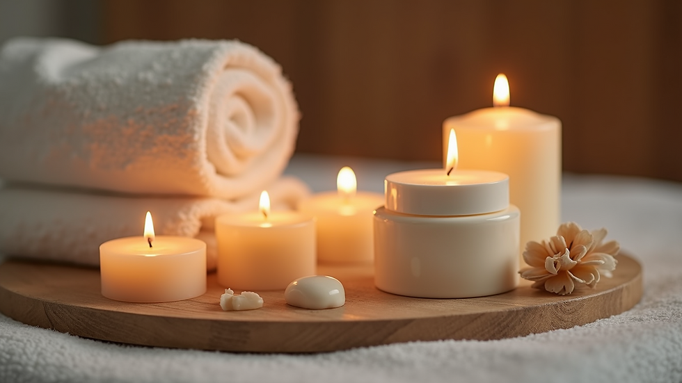 Close-up view of a luxurious facial treatment setup with candles and skincare products