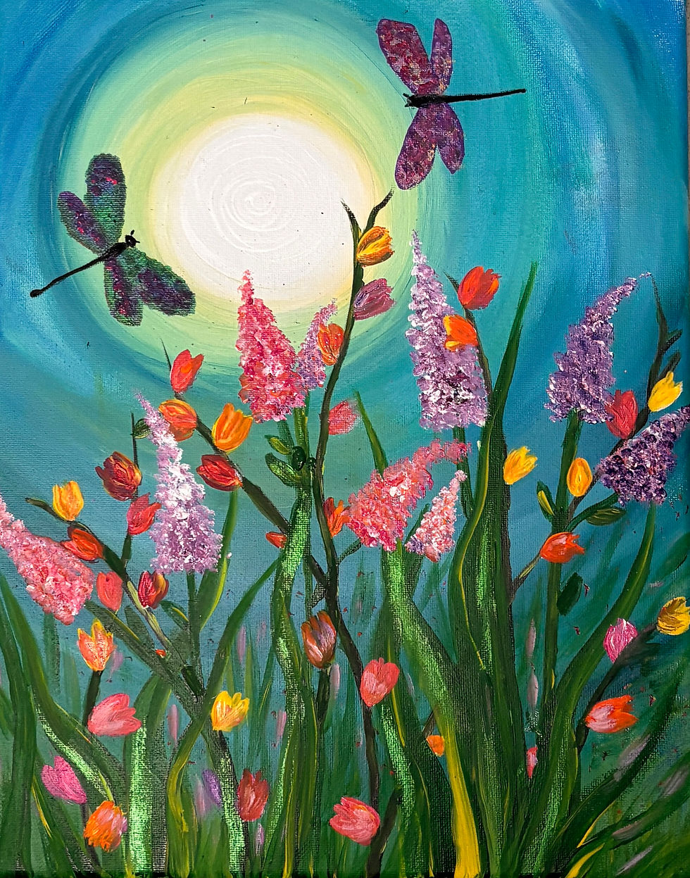 Spring Sunset, Flowers & Dragonflies or Butterflies