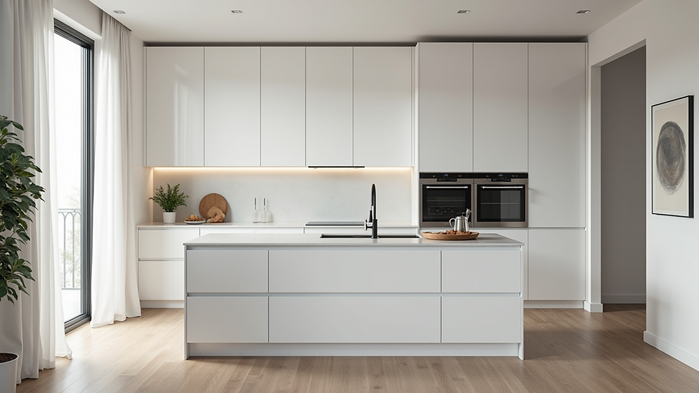 High angle view of a modern kitchen with white cabinetry and a large island