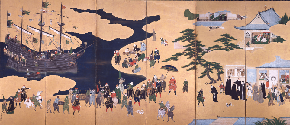 Kano Naizen's "Arrival of the Southern Barbarians Screen" circa 1600, from the Kobe City Museum Collection.