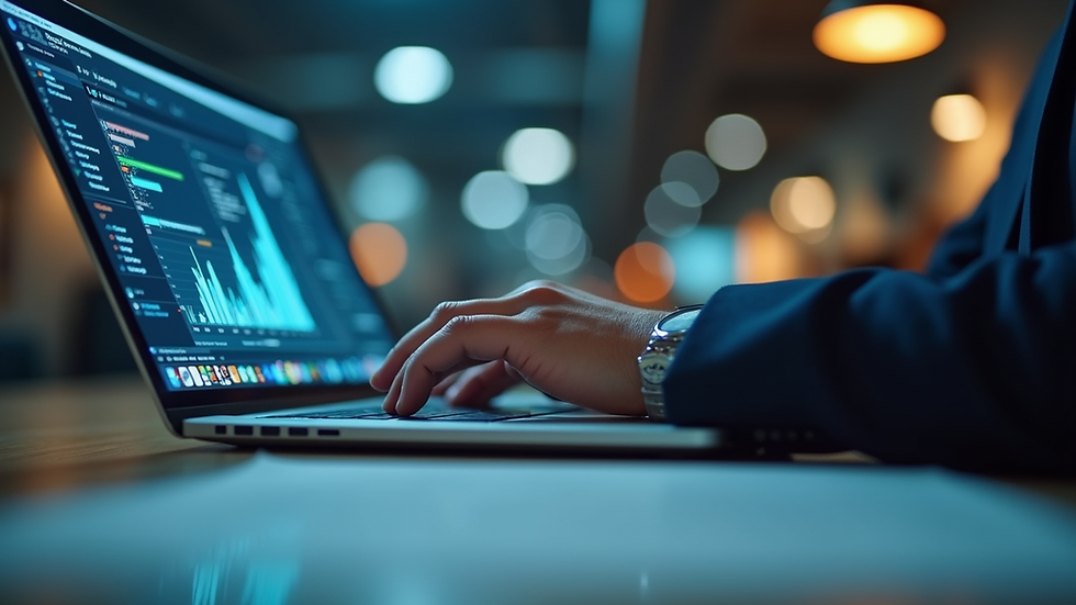 Eye-level view of a person analyzing data on a laptop