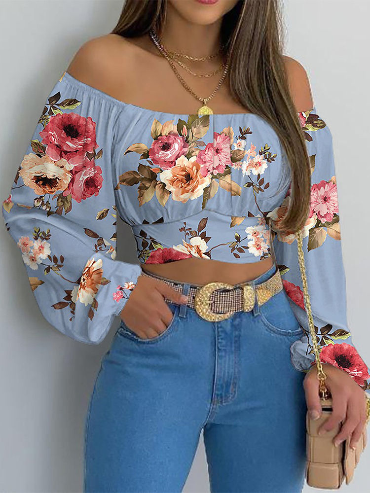 Thumbnail: Women Sexy Off Shoulder Blouse Chic and Elegant Printing Lantern Long Sleeve Lac