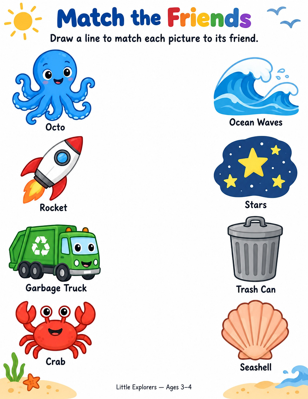 Match the friends activity with ocean, space, and city truck pictures