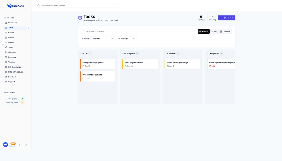 ExpoPlan Tasks page