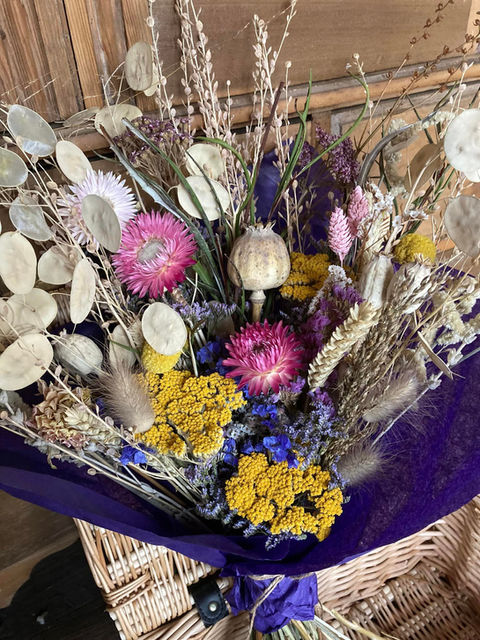 dried flowers including poppy seed heads, straw flowers and honesty