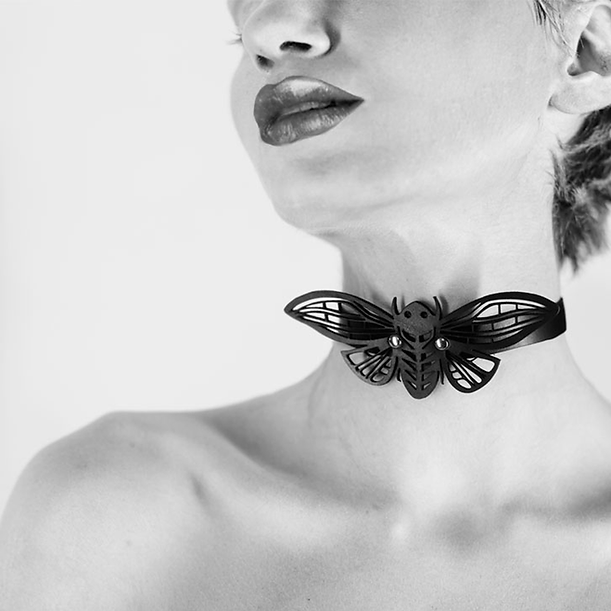 Blasted Skin Moon moth leather choker, butterfly, chrisalys, choker.png