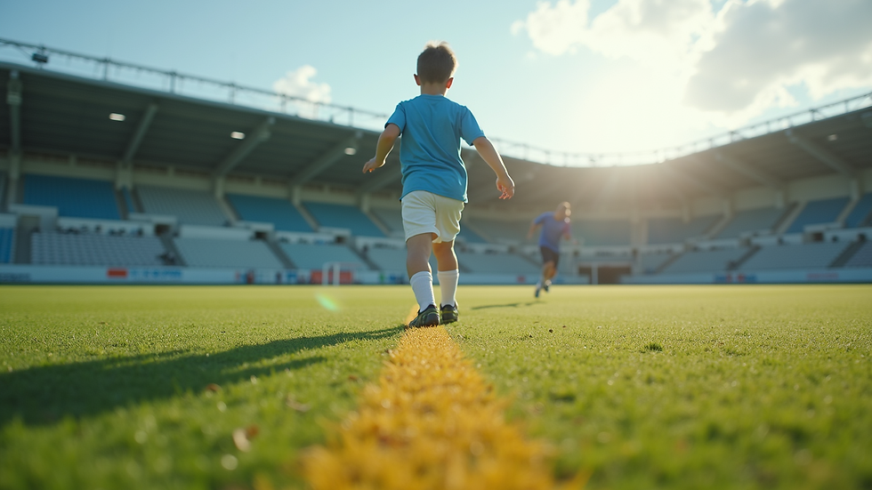 Eye-level view of a young athlete practicing on a sports field