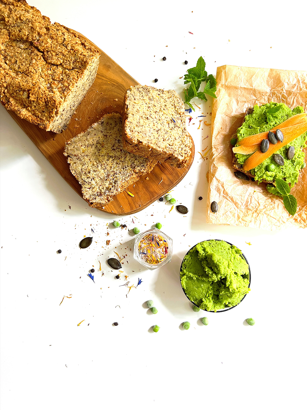 Oat Bread with Flaxseeds and Pea Dip - healthy dinner for joint injury recovery