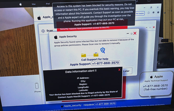 Tech support scam warning popup example 