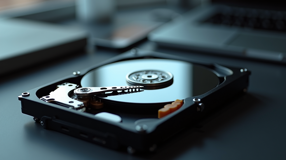 Close-up view of a computer hard drive on a desk