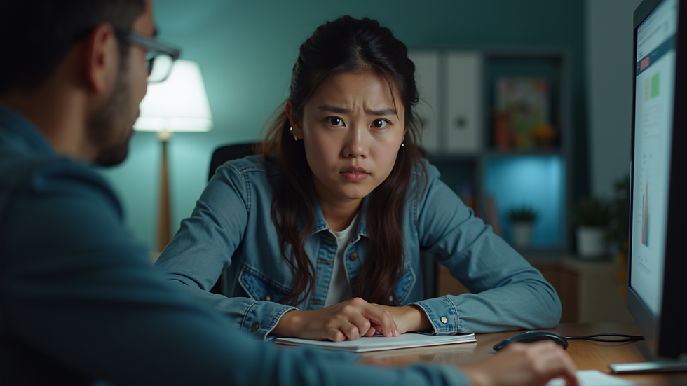 Eye-level view of a person looking frustrated while using a computer