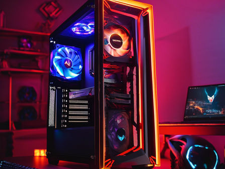 High-end custom gaming PC with glass panel and RGB lights