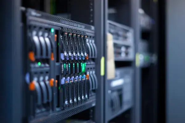 IT technician setting up server hardware for a small business network