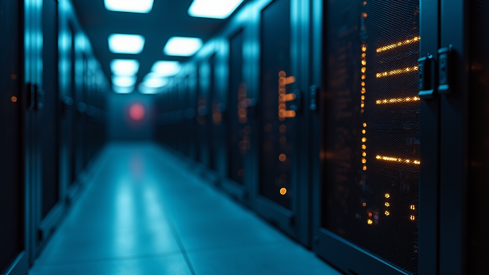 Close-up view of a server rack in a data center with blinking lights
