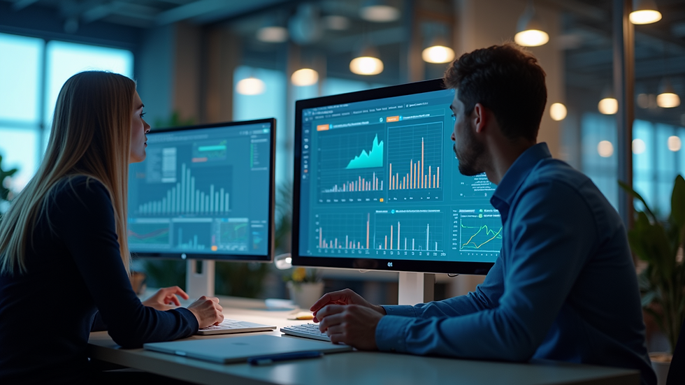 Wide-angle view of professionals analyzing statistics and data on a screen