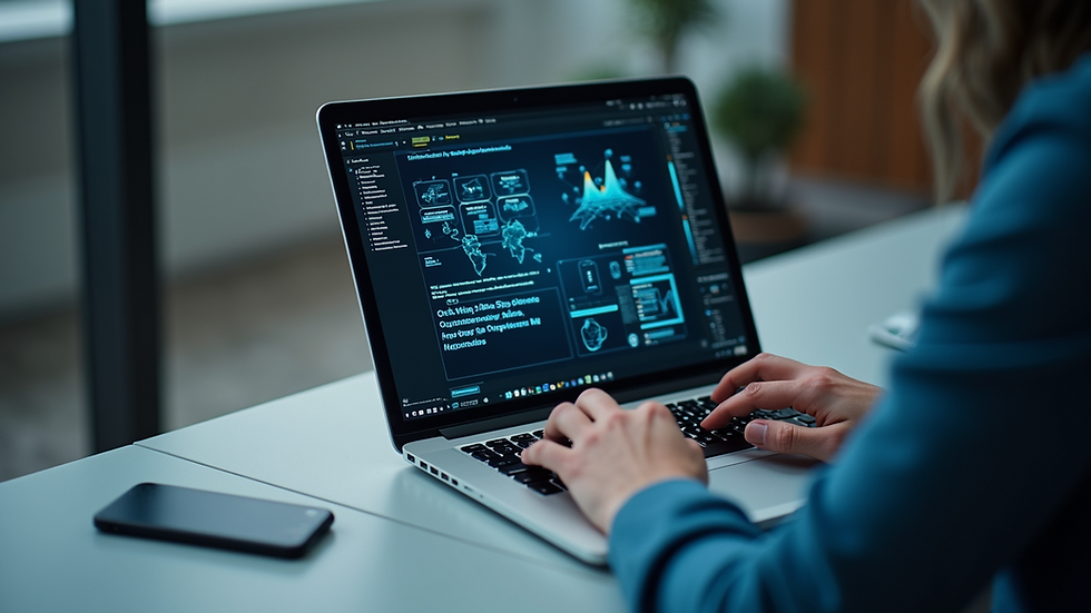 High angle view of a person working on a laptop with network diagrams