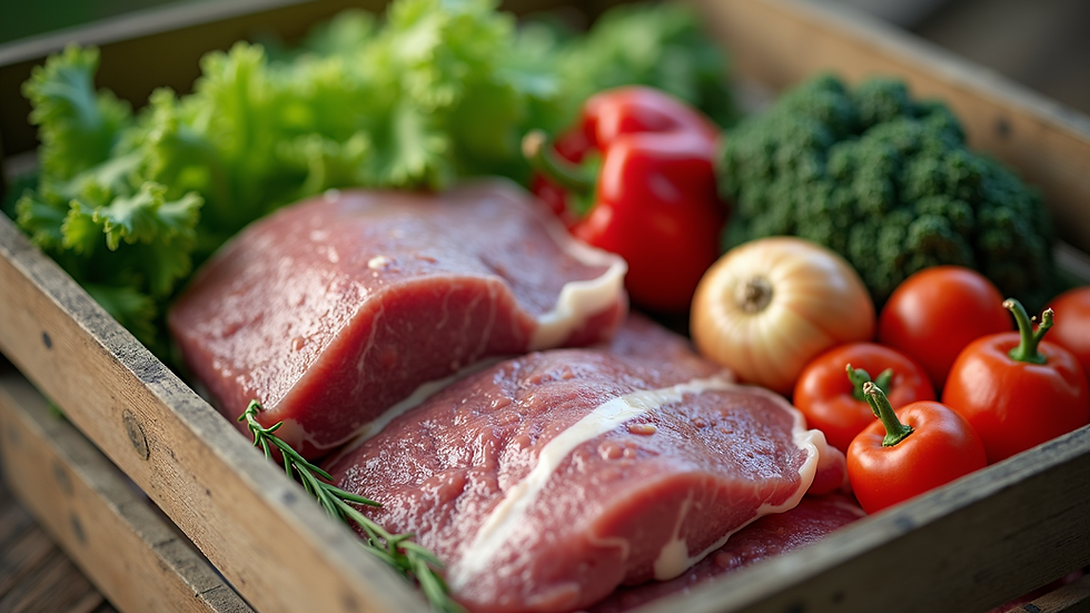 Close-up view of a wooden crate filled with fresh vegetables and meat packages